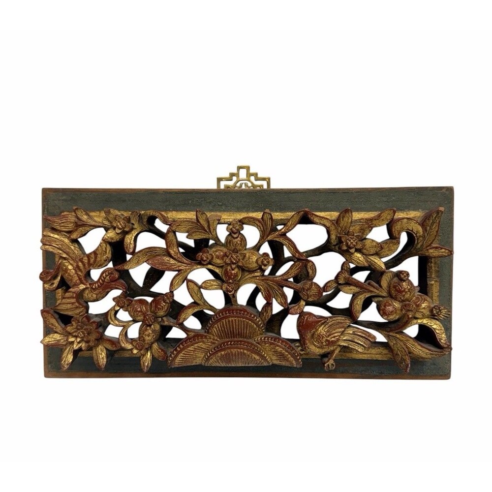 Chinese Antique 19 Century Gilded Wooden Carved Panel of Birds & Foliage